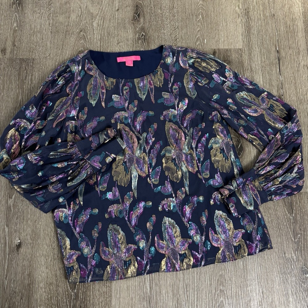 Lilly Pulitzer S Lambert Silk Top True Navy Rainbow Multi Floral Metallic